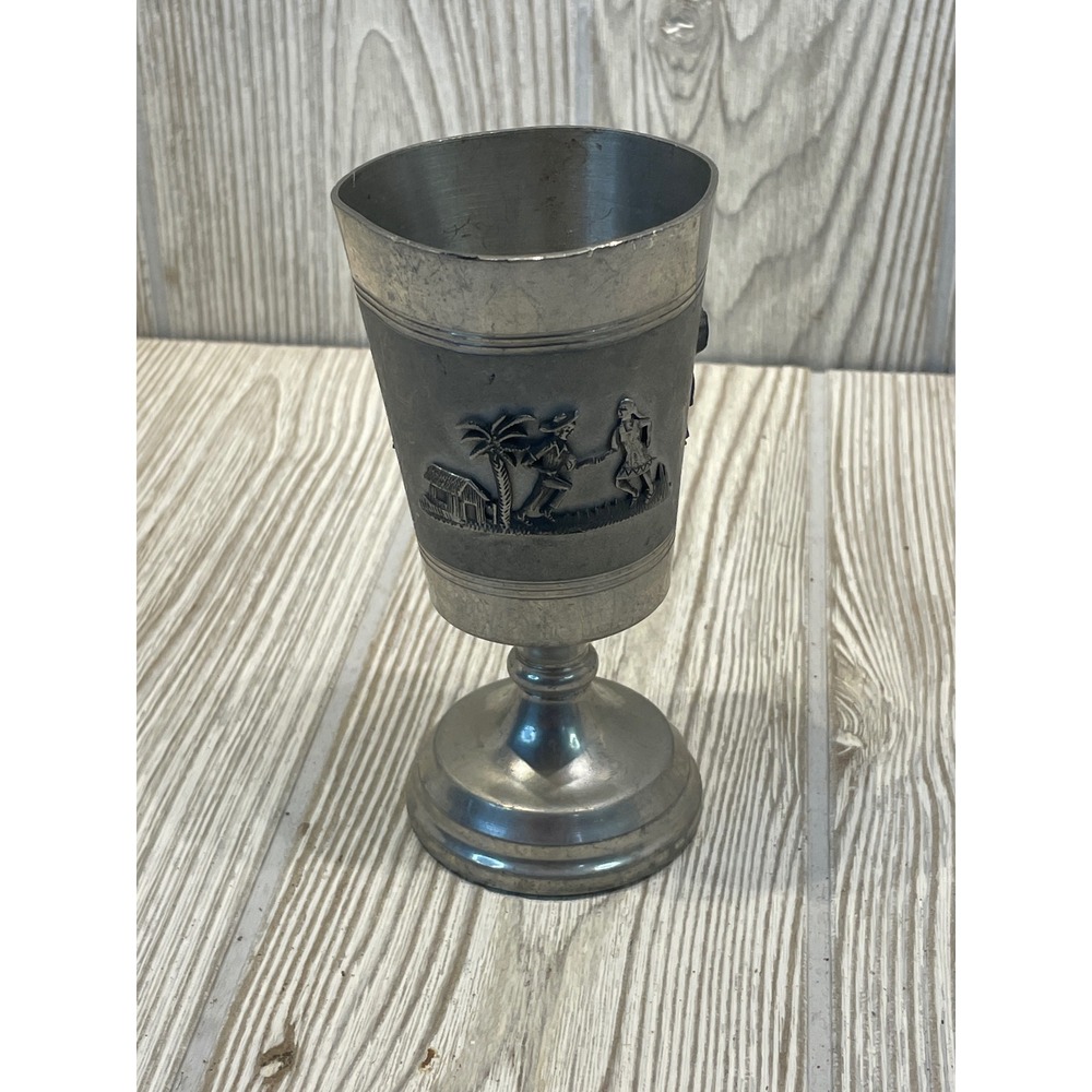 Schohaus Genuine Pewter Bolivia Goblet Vintage Relief Scene Chalice Cup